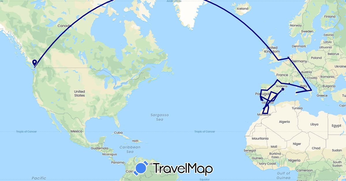 TravelMap itinerary: driving in Canada, Spain, France, United Kingdom, Italy, Morocco, Netherlands, Portugal (Africa, Europe, North America)